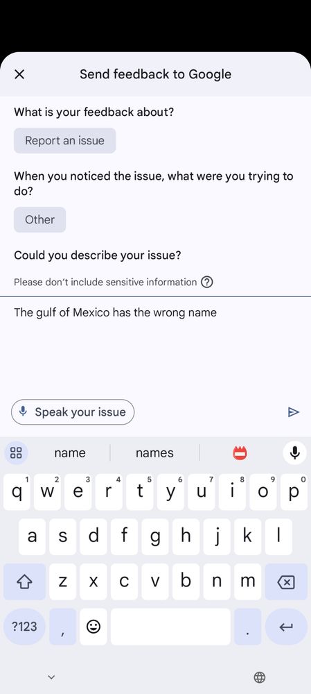 Providing feedback for Google maps ,"the gulf of Mexico has the wrong name"
