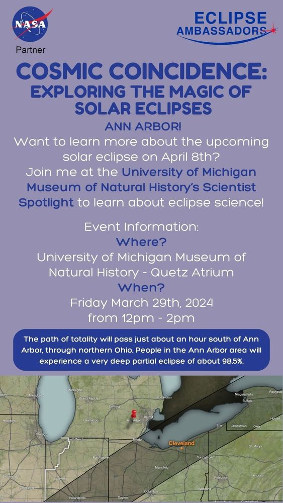 Flyer for a lecture on the science of the upcoming eclipse. Event is on March 29, 2024 from 12-2p at the University of Michigan Museum of Natural History, Quetz Atrium.