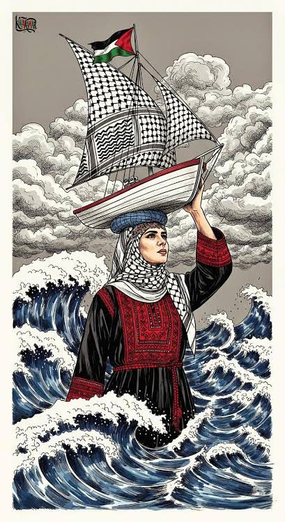 Artwork by Kivara Ammar.
A Palestinian woman standing in the waves.
Holding a boat on her head with a Palestinian flag, and the keffiyeh as sails. 