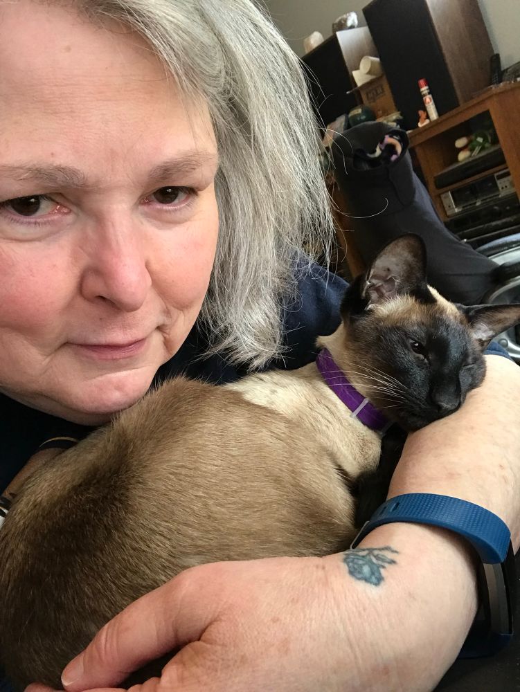 Kiva snuggling with her human