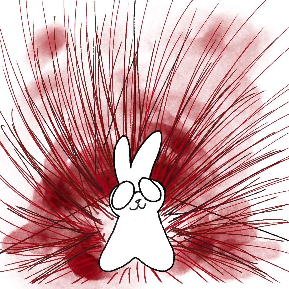 quickly drawn rabbit with glasses in the middle of what seems to be a blood explosion