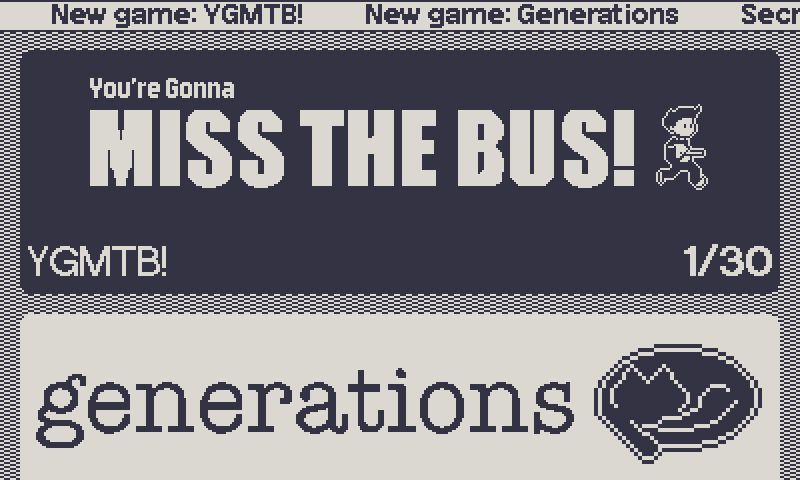 A screen shot from the Trophy Case achievements app for the Playdate showing banners for Generations and You're Gonna Miss the Bus!