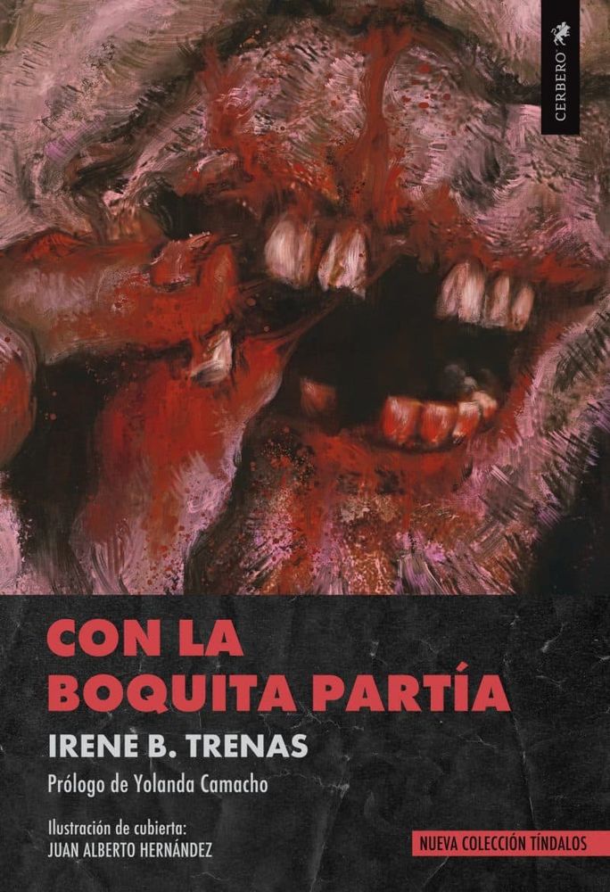 Portada del libro "Con la boquita partía" que muestra una boca ensangrentada sin algunos dientes y con un par de dedos ensangrentados sujetando otro diente salido.