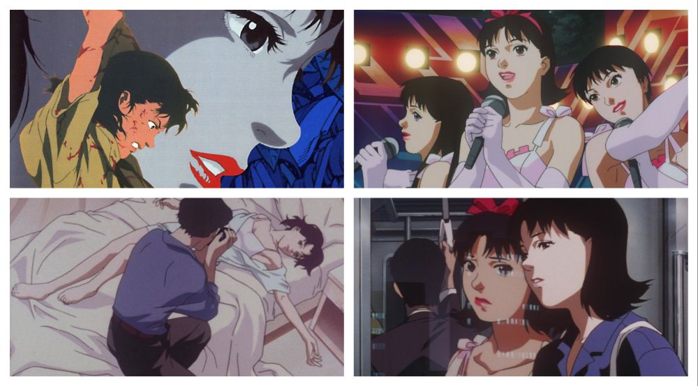 four film stills from the anime feature film: maybe Mima with arms raised and blood spatter in front of a large video projection of the face of Idol Mima; Idol Mima fronts the J-Pop trio CHAM! on stage; Mima reclines on a bed in while a photographer leans in; Mima and her reflection as Idol Mima in a train window don't match up. 