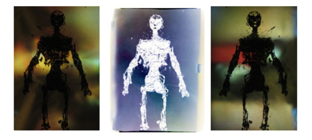 art by Remy Dean showing three prints with similar figure, loosely painted and printed onto different backlit backgrounds and the centre version inverted so that it resembles an X-Ray viewed on a light box