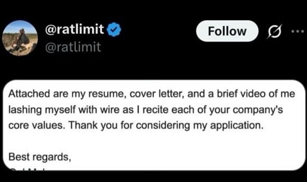 Screenshot of a social media post with the text, "Attached are my resume, cover letter, and a brief video of me lashing myself with wire as I recite each of your company's core values. Thank you for considering my application.
Best regards" 