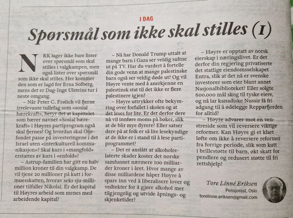 Bilde av artikkelen "Spørsmål som ikke skal stilles (I)". Teksten er syv grunngitte og kritiske spørsmål om Høyres program og politikk. (Har dessverre ikke tid til å gjengi hele teksten her)