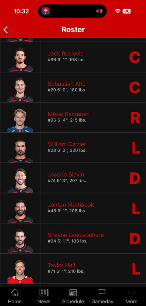 Screenshot of NHL Hurricanes roster at 10:36 a.m. EST showing both Jack Roslovic and Mikko Rantanen assigned number 96. Other players listed with uniform numbers, height, weight, photo, and position, but those are irrelevant to the point of the post.