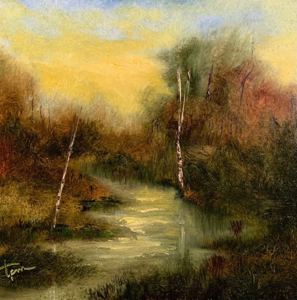 An autumn landscape oil painting by Tisha Mark, "Autumn Dawn" 6"x6" oil on Ampersand Gessobord (2021). A sunrise with yellow light over a woodsy landscape with a river or a creek running through it. The foliage is turning fall colors. Light reflects in the water.  