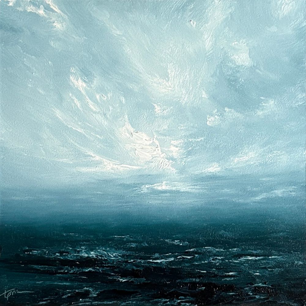 Original seascape oil painting by Tisha Mark, "To Dream by the Sea No. 2505" 5"x5" oil on Ampersand Gessobord (2025). An atmospheric, peaceful seascape with a light blue sky with textured white cloud formations over a dark blue sea.