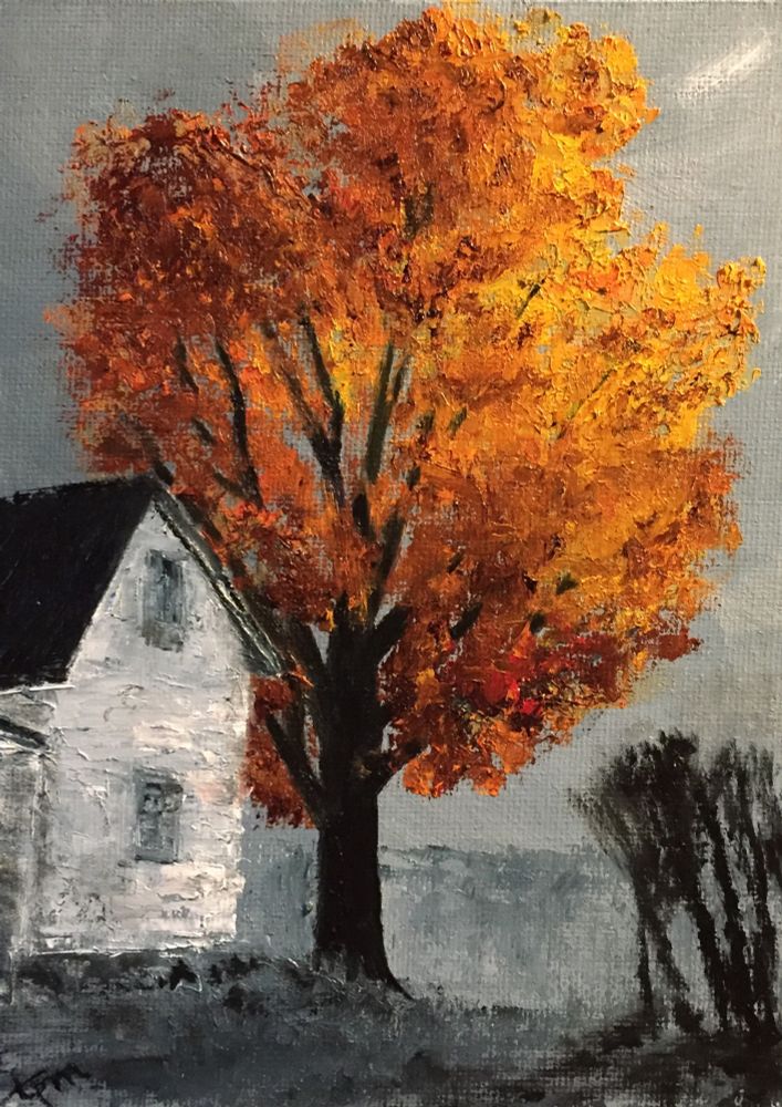 Original oil painting by Tisha Mark, "But Oh My Darling, Why Did You Change?" oil on linen panel, 7"x5" ©2018 (Sold). Painting of a huge maple tree, in autumn's golden sunlight, adjacent to a very old farmhouse. Painted mostly in black and white, except for the gold, orange, and red foliage of the maple tree, with a subtle reflection of those colors on the side of the house.