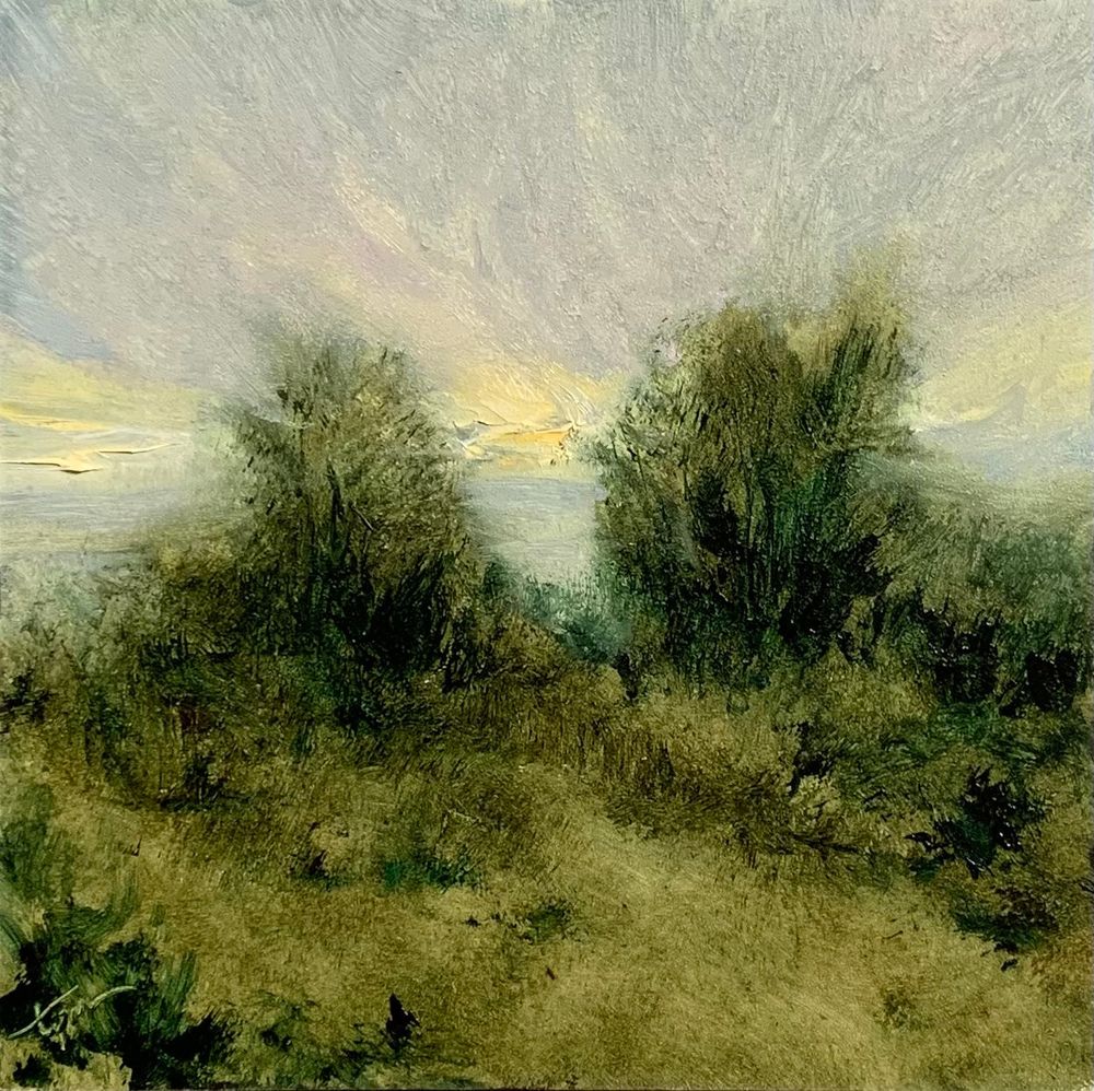 Original landscape oil painting by Tisha Mark, Week 8, 52 Weeks of Finding Light, 5"x5" oil on cradled gessobord (2023). Painting shows a green landscape with textured grasses and trees. The sky is a bluish-gray with textured light yellow sunlight peeking over the tree line.