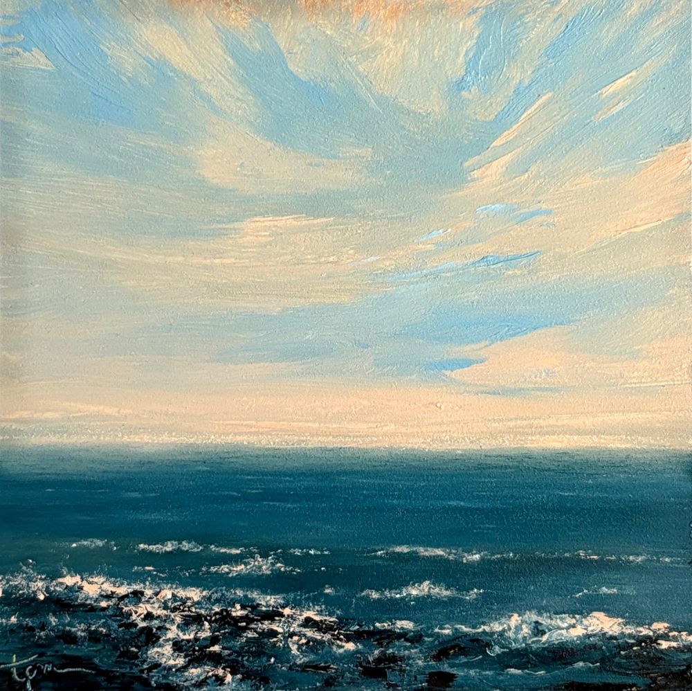 Original seascape oil painting by Tisha Mark, "A Little Hopeful Light No. 2501" 4"x4" oil on Ampersand Gessobord (2025). Seascape painting with the hopeful light of an orange-toned sunrise or sunset sky over a deep blue sea. Light from the sky touches the waves as they meet a rocky shore.