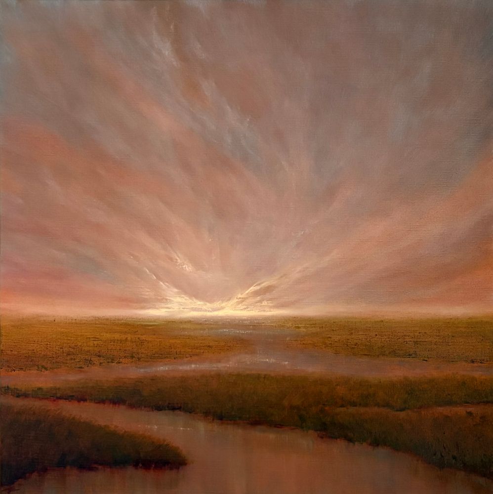 Original marshlands landscape oil painting by Tisha Mark, "Standing in a New Light" 20"x20" oil on linen (2024). Landscape painting featuring an orange-toned sky with atmospheric cloud formations appearing to rise up from the first light of day over a coastal marsh. Subtle light and color from the sky reflects in the water, and plays off the textured marsh grasses.