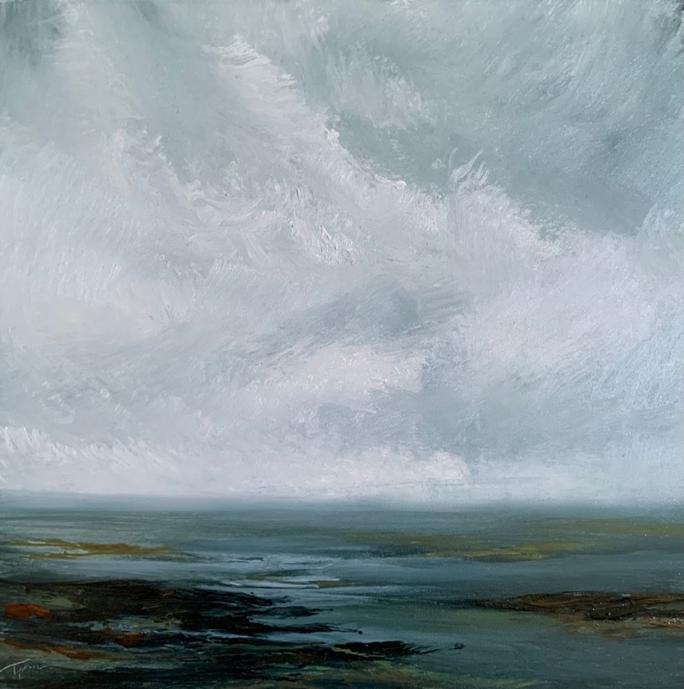 Original seascape oil painting by Tisha Mark, "Autumn's Coast" oil on Ampersand Gessobord, 8"x8" (2024). Moody, atmospheric seascape with an earth tone color palette that includes greens and reddish browns on the seashore