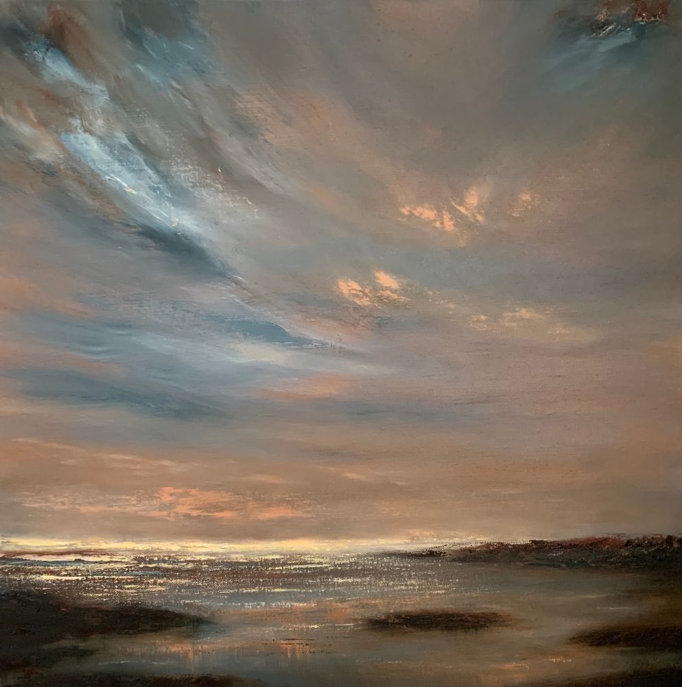 Original seascape oil painting by Tisha Mark, "Sunset on Opening Day" 20"x20" oil on linen (2024). A seascape painting with dramatic blue clouds in orange-toned sunset sky over a rocky seashore. Flecks of orange light appear in the sky, and colors from the sky are reflecting in water below.