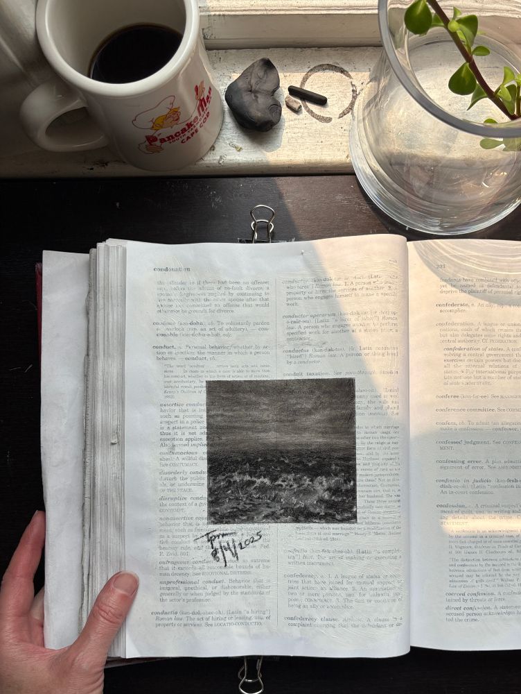 Page 292 in Tisha Mark’s law dictionary. My hand holds my law dictionary opened to a page with a charcoal sketch of a nighttime seascape study. Words on the page are partially visible underneath a thin layer of gesso and sketch. On the windowsill at the top of the photo is a coffee cup, piece of charcoal, a tiny piece of conté crayon, an eraser, and a vase with a cutting from a jade bonsai plant that I’m hoping will start to grow roots.