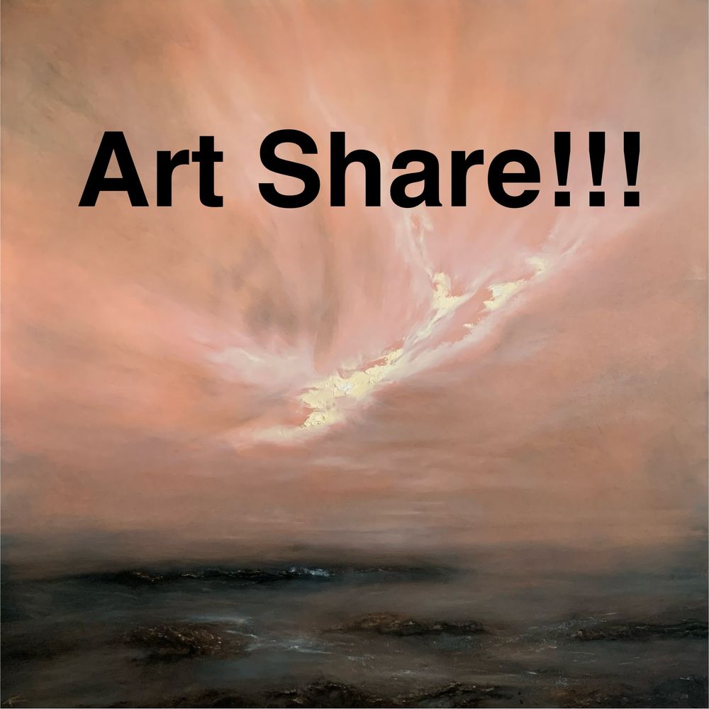 The words "Art Share!!!" in bold, black type appear on an image of an original seascape oil painting by Tisha Mark, "After the Storm" 30"x30" oil on cradled Ampersand Gessobord (2024). The painting is a moody seascape with an orange-toned sky with big dramatic textured light yellow light breaking through after a storm. Subtle light is reflected in the textured rocky waters below the sky.