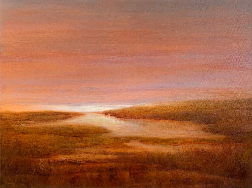 Original marsh oil painting by Tisha Mark, "Quiet Mornings" 18"x24" oil on canvas (2023). Textured oil painting of a peaceful coastal marsh underneath an orange-toned sunrise sky. The pale yellow sun is just rising on the horizon, lighting up the marsh grasses, and there are subtle lavender tones in the sky. 