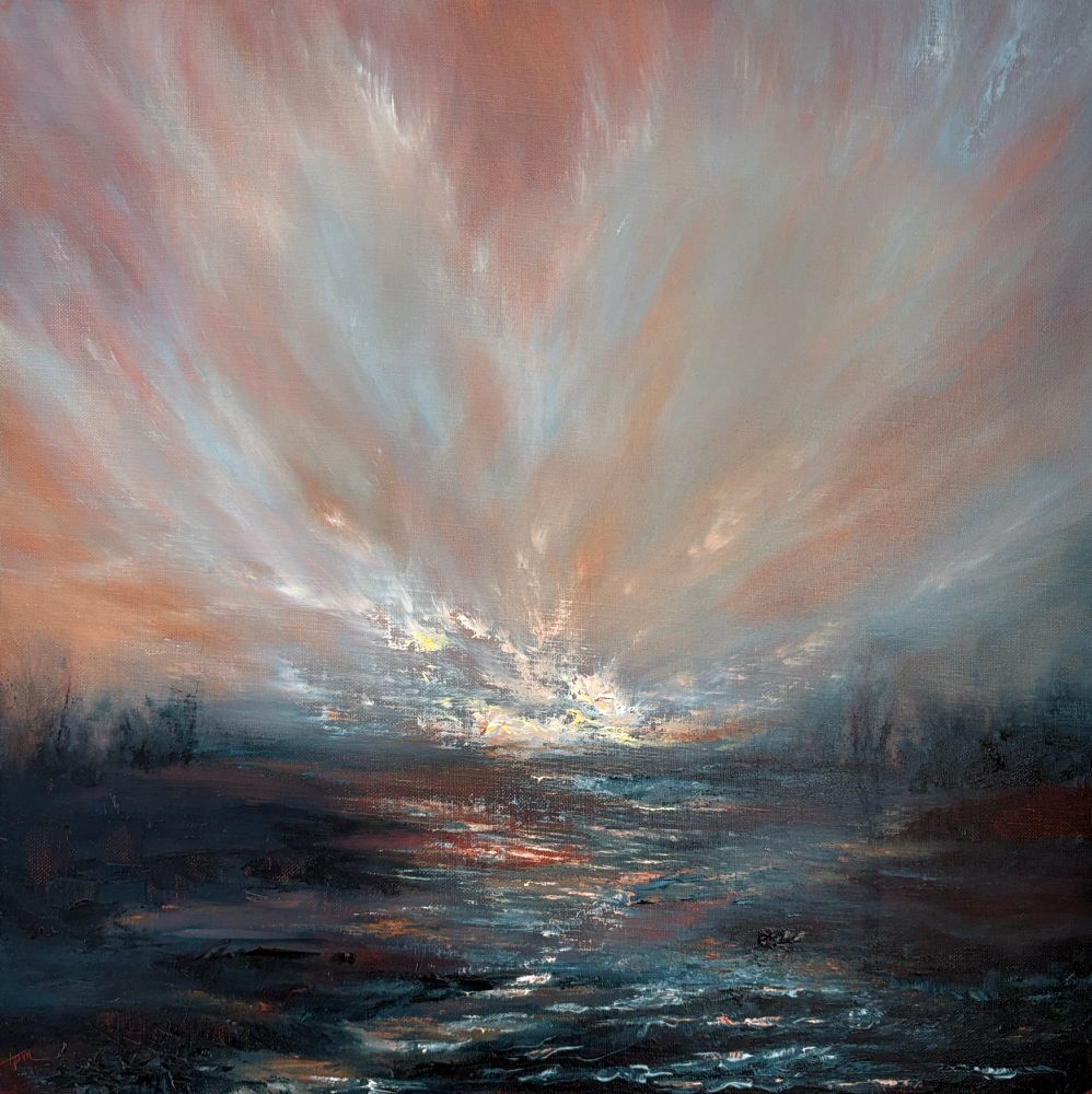 Original seascape oil painting by Tisha Mark, "Lighting the Dark" 20"x20" oil on linen (2025). This moody, abstract-leaning seascape painting has a textured, orange-toned, atmospheric sky with textured colors of light on the horizon. Light from the sky reflects in the water below as it meets a dark, rocky, tree-lined coast.