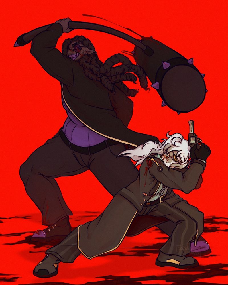 An art piece featuring two characters who are both posing with their respective weapons, one a pistol and the other a sledgehammer. Sanford (wielding the sledgehammer) is grinning, hand and weapon raised as if he’s about to attack. Mason (pistol wielder) has a more cold and focused look, his hands raised as well but not aiming to attack. Both are covered and surrounded by blood. The background remains a saturated red.