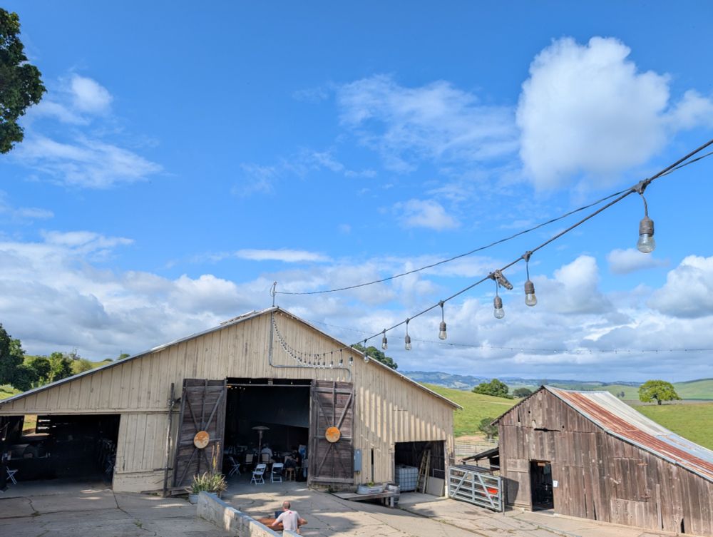 A photo of the large and small barn at Reis Ranch under a blue sky with fluffy clouds and bright green rolling hills.