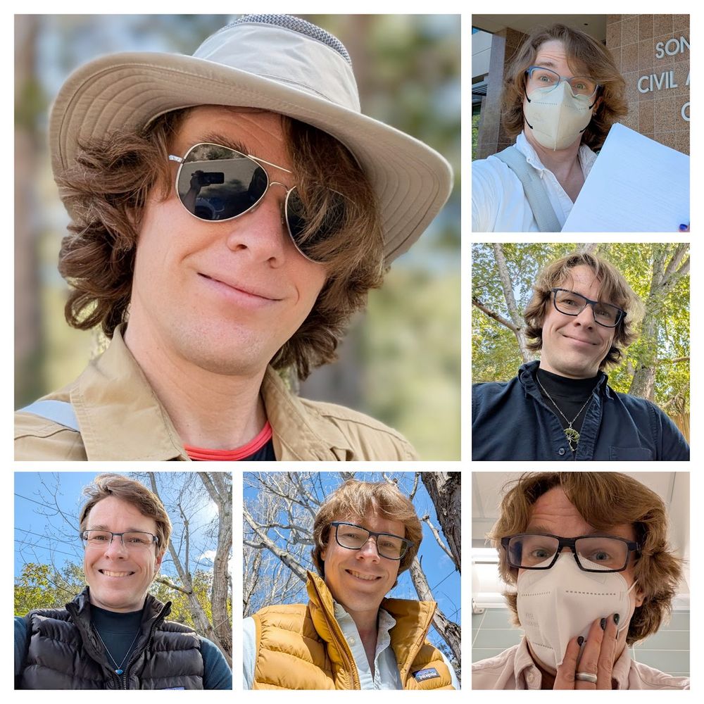 A collage featuring 6 photos across 9 months. 1: Day zero, Robin has short hair and smiles widely at the camera on a sunny winter day. 2: A few months in, Robin's growing her hair out and continues looking great in a vest. 3: A close-cropped selfie of Robin, wearing a mask, in a bathroom. 4: Robin's hair is getting long and floppy, she smiles at the camera with leafy green trees in the background. 5: Robin holds up her court petition, with the blank side facing the camera to obscure sensitive details, and smiles in front of the courthouse. 6: Robin's looking outdoorsy with a tan widebrimmed hat, brown hiking shirt, and aviator sunglasses, with wavy hair spilling out and slightly covering her face.