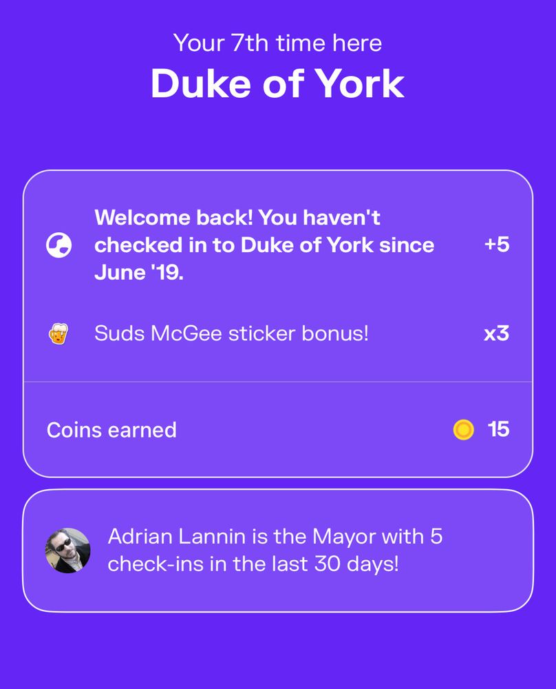 A screen displays a Swarm check-in for the Duke of York. 