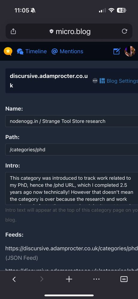 A screenshot of a blog settings page, featuring details such as an intro about a PhD category and related links.