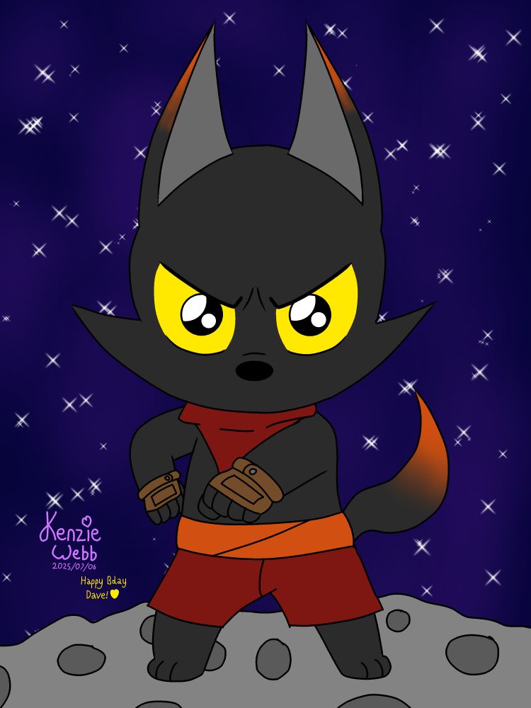Birthday gift for Dave W in the form of a chibi phone doodle of his OC, Aster! He's standing on an asteroid in space, presumably planning to throw it at a civilised planet... he's like that.