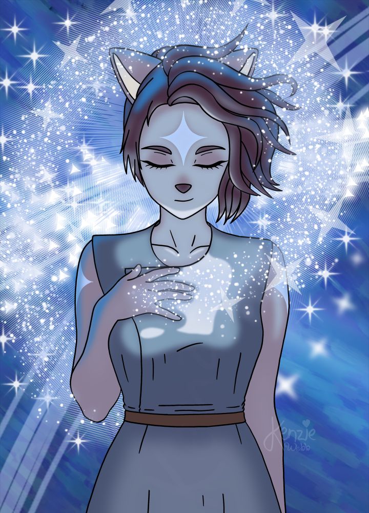 Drawing of Mitsene's OC, Glimmer. She has her eyes closed with her right hand up to her chest. There is sparkling (and wooshing!) light emanating from her and surrounding her, filling the background.