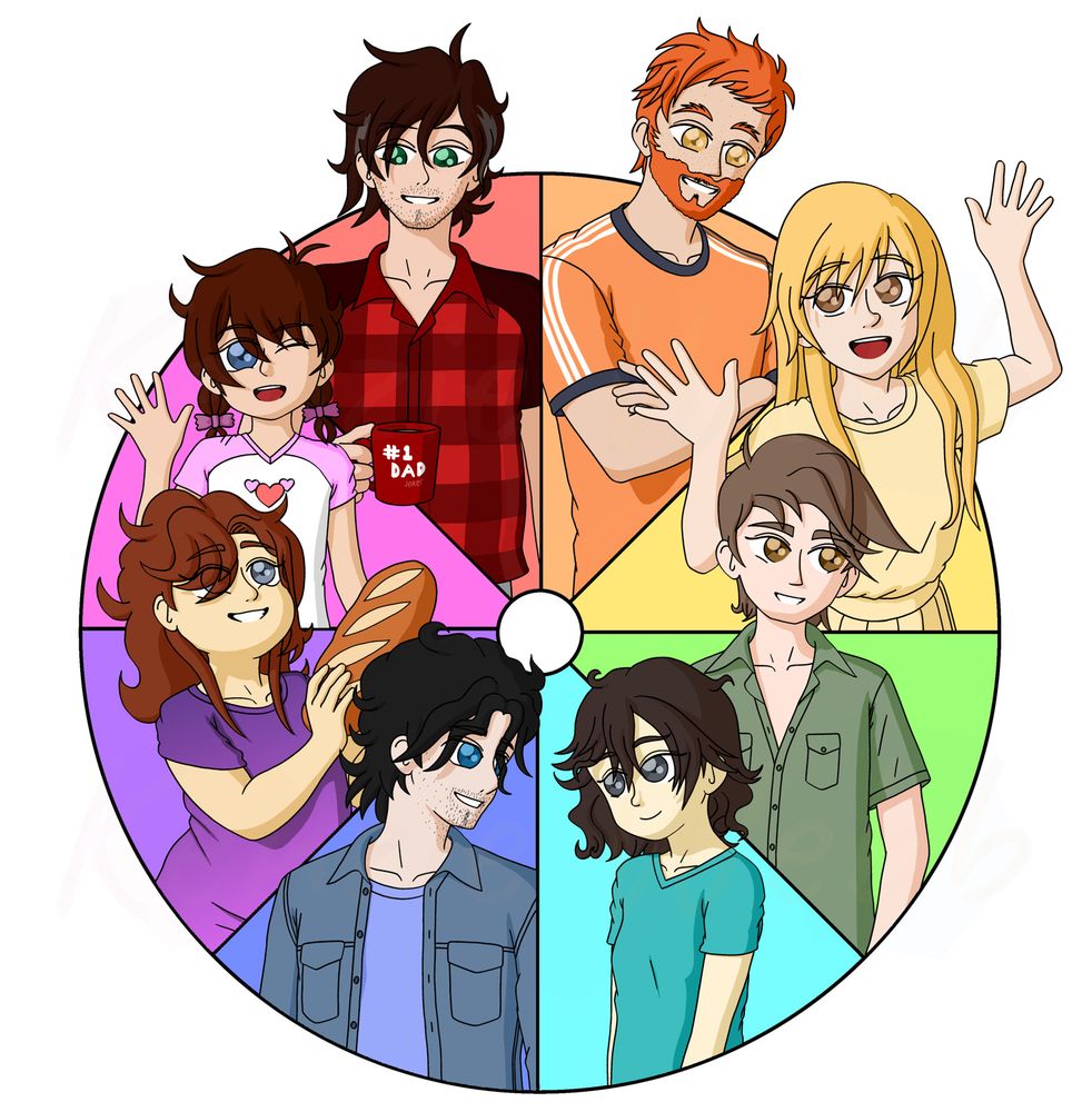 Colour wheel challenge featuring Wyntersong characters!

Red - Kenny - Dad joker extraordinaire, loves his video games! (he/him)

Orange - Roger - Complete footy addict (he/him)

Yellow - Jodie - Roger's wife, puts up with his antics somehow (she/her)

Green - Erica - Completely forgot the concept of gender (your headcanon here)

Teal - Amy - The arts and crafts cutie, owns an arts and crafts shop! (she/her)

Blue - Charlie - Amy's husband, microbiologist addicted to TTRPGs (he/him)

Purple - Wynter - The title character, best girl, makes the best bread! (she/her)

Pink - Tillie - Wynter and Kenny's daughter, constantly torn between video games and bread, as anyone would be! (she/her)