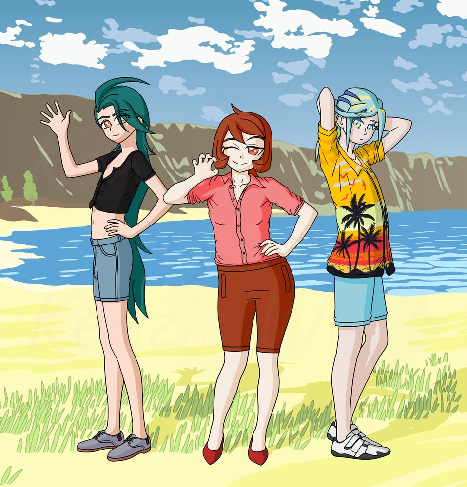 Drawing of (left to right) Rika, Arezu and Grusha standing on the beach at Cobalt Coastlands from Pokemon Legends Arceus.

They're wearing non-canon summer clothes:

Rika has a black button-up crop top and denim shorts, her long hair at the back is not tied up.

Arezu has a pink button up shirt and red shorts. (boyfriend said she's saying "rawr! teehee!" - seems legit)

Grusha, probably utterly freezing, has a brightly coloured sunset-themed Hawaiian shirt with pine trees and birds on it. He's also wearing light blue shorts.