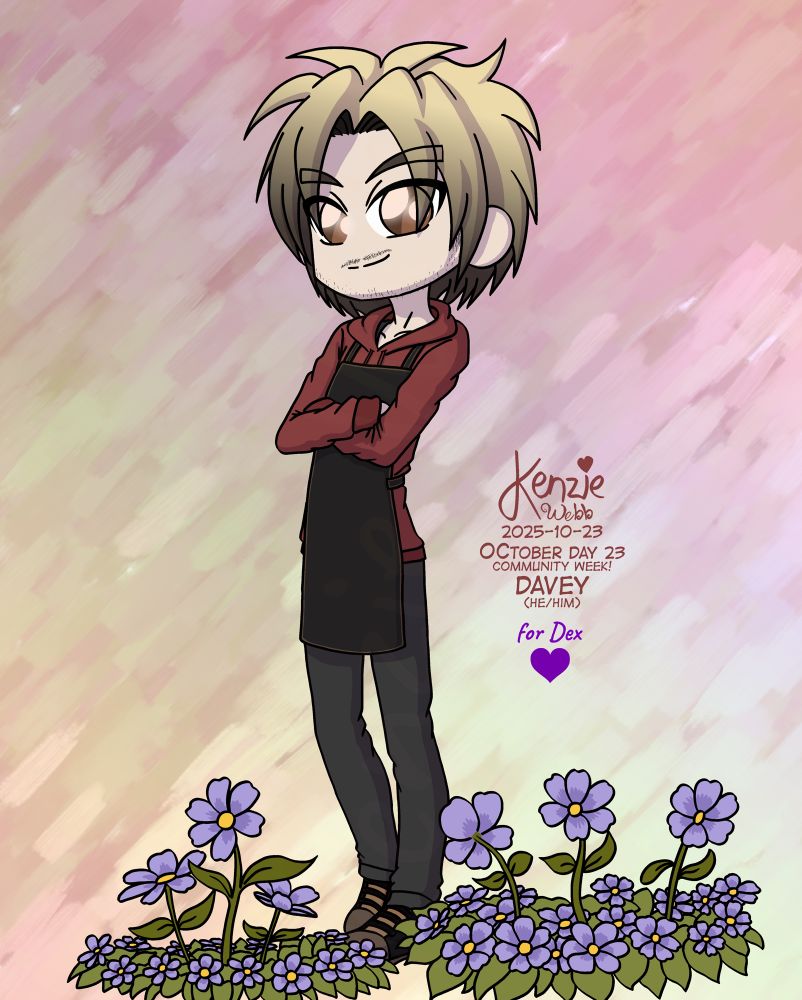 Chibi drawing of Dex McKinnery's OC, Davey. He's standing with his arm crossed amongst some flowers. I drew the two patches separately... then moved them closer to Davey. They ended up being weirdly different in size... whoopsie~ (they also took me longer to draw than Davey did, what IS it with flowers?? 😭😭😭🥀🥀🥀)