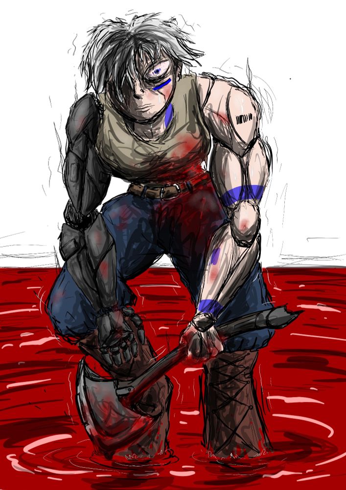 The character, Sarah from the Fleet and Fabricant Series, by Kay Atkinson. She stands in the middle of a sea of blood (the titular, sea of silence from the second book), her feet only slightly submerged somehow. She's hunched over slightly and wide-eyed, almost feral looking. One hand is more human looking, with regular pale skin but with distinct markings and blue tattoos. While the other other is more mechanical; grey metal and segmented sections. Her hair is short but ragged and on her side, is a gapping wound; a fight with some unnamed foe (read Sea of Silence). Her legs look unnatural. While it appears that she has an additional joint, she actually has very animal-like legs; her 