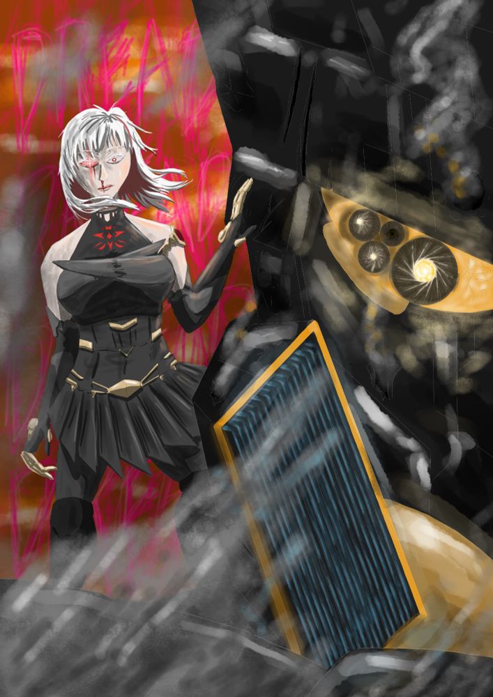A scene inspired from The Hades Calculus by Maria Ying (Devi Lacroix and Benjanun Sriduangkaew)

The character Persephone, emerges from her Mech (Eidolon), Styx and surveys the result of the battlefield which she destroyed. We do not see the battlefield from this angle, but the results of it are apparent; she looks worn and scruffy; blood oozing from her nose and eye, sweat dripping from her body. Styx is covered with scars and releasing a concerning about of steam and smoke; damage from the fight, although it is still functional, with her eyes glowing softly. 

In the background the world "Dread" is lightly visible; a repeated chant from other soliders and the people watching. A title for Persephone and a celebration of their hero. 