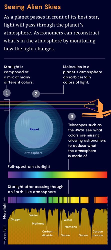 A graphic explaining that telescopes such as the James Webb Space Telescope use starlight to measure molecular signatures. The graphic includes an example of how traces of starlight can provide information about atmospheric signatures in exoplanets.