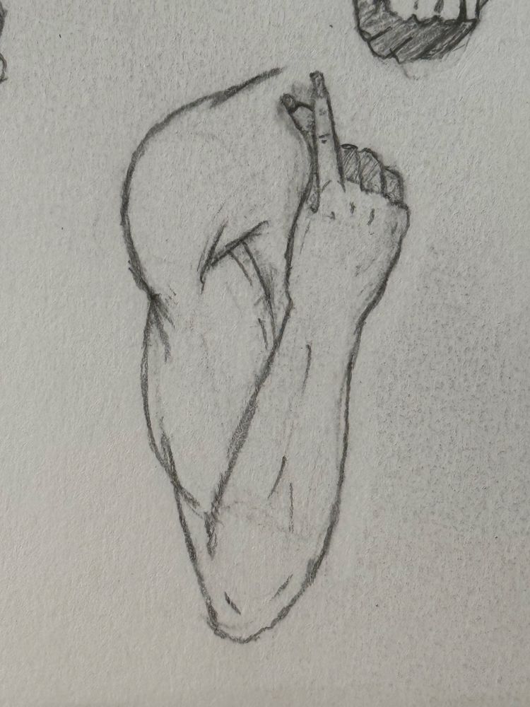 A pencil drawing on sketchbook paper of a bent arm and hand in the “k-pop heart” pose, consisting of a fist, but allowing the index finger and thumb to extend and make a heart shape by connecting and slightly offsetting the pads of the fingers together