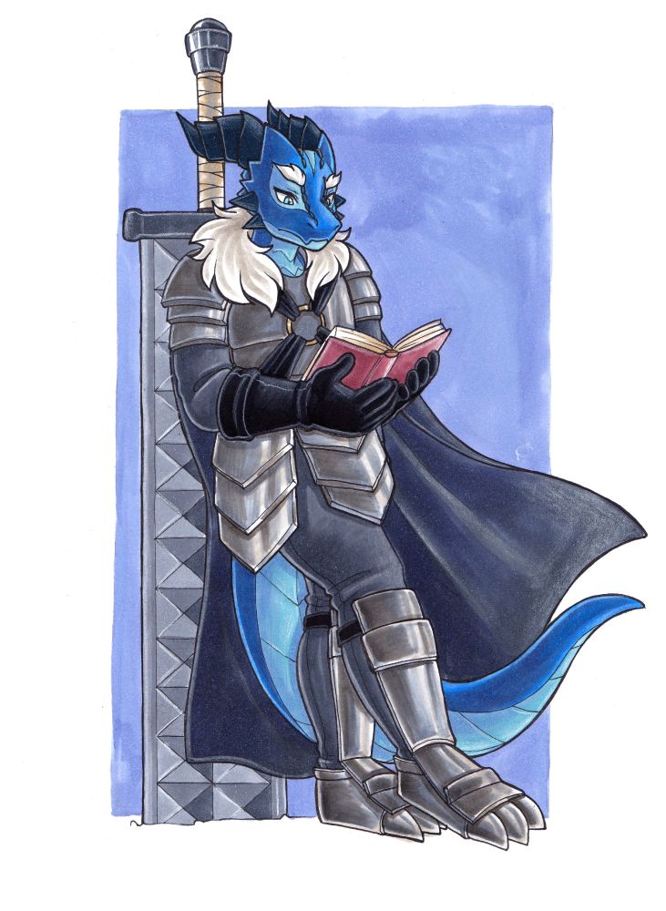 a calm looking dragon leaning on his huge berserker sword and reading a book