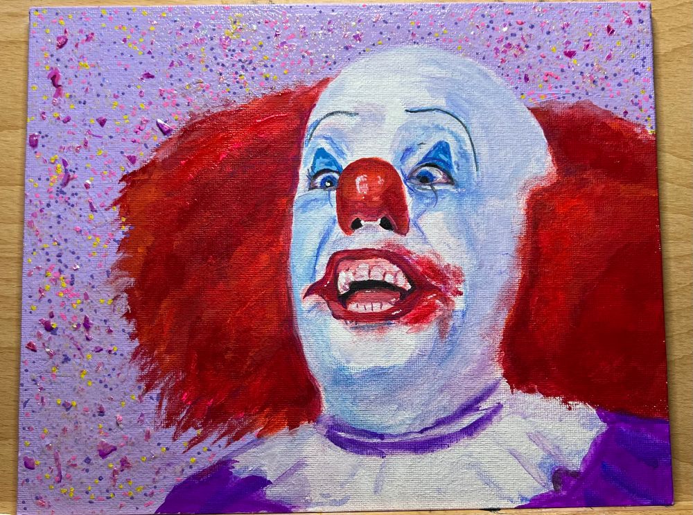 wip acrylic and gouache painting of Tim Curry as Pennywise in IT. 

The background is a pastel purple . he has orange red hair, white cake make up with the clowns nose, blue eye make up an open mouth smeared with red makeup with i’ll add some blood on his teeth. His head is slightly tilted back. 