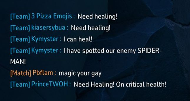 Opponent player in Marvel Rivals chat typing "magic your gay" (sic)