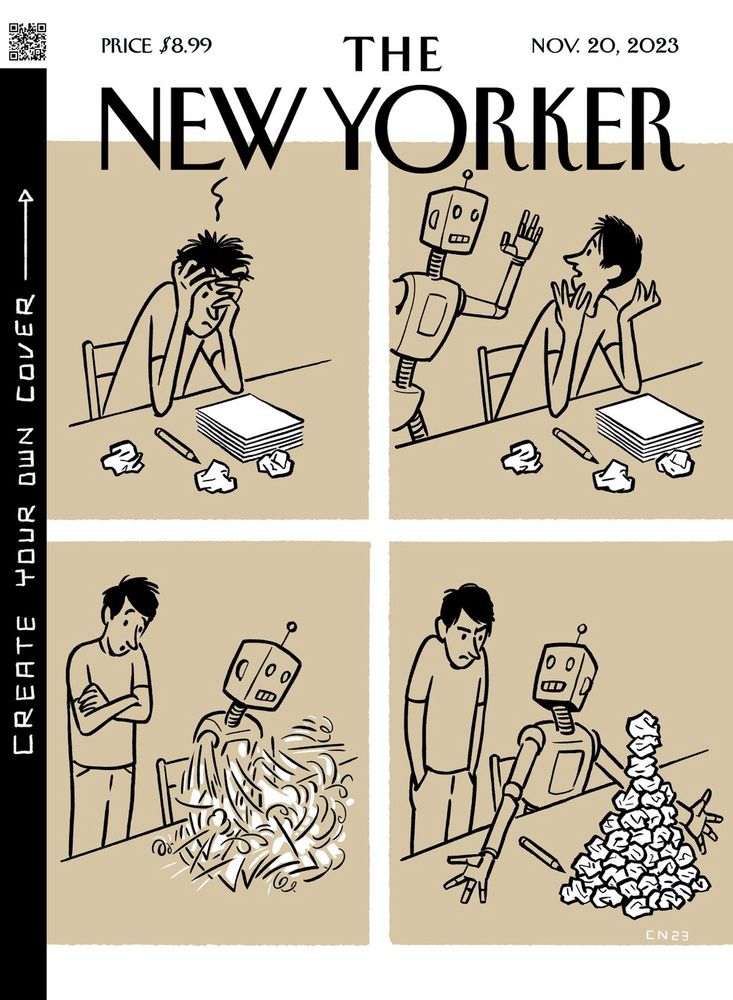 Image showing a cover for the New Yorker magazine drawn by Christoph Niemann, depicting a man sitting at a desk, struggling for inspiration, and enlisting the aid of a robot.