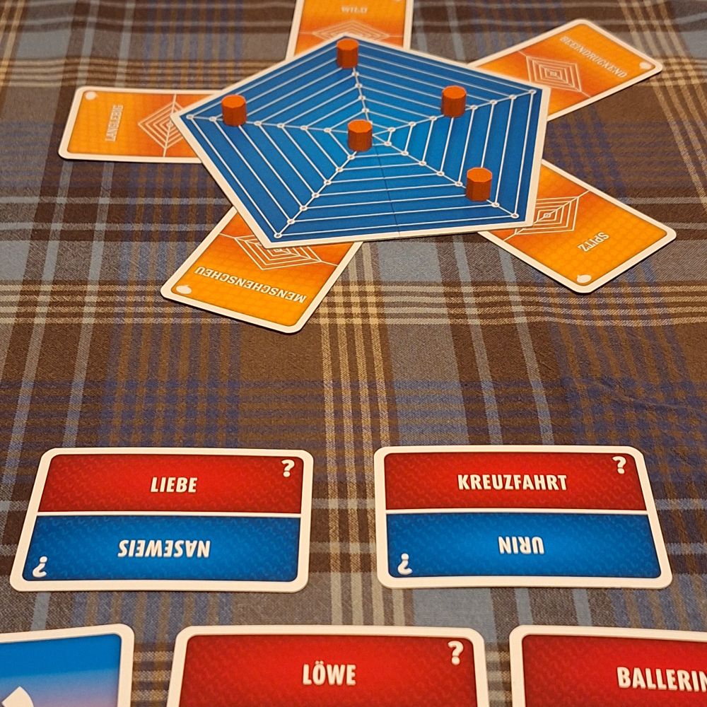 Networds während des Spiels. Ein fünfeckiger blauer Plan mit einem weißen Muster darauf, das an ein Spinnennetz erinnert. An jeder Ecke steckt eine Orange Karte mit einem Begriff wie "menschenscheu". Daneben liegen Karten mit je einem Begriff auf blauem und einem Begriff auf rotem Untergrund. 