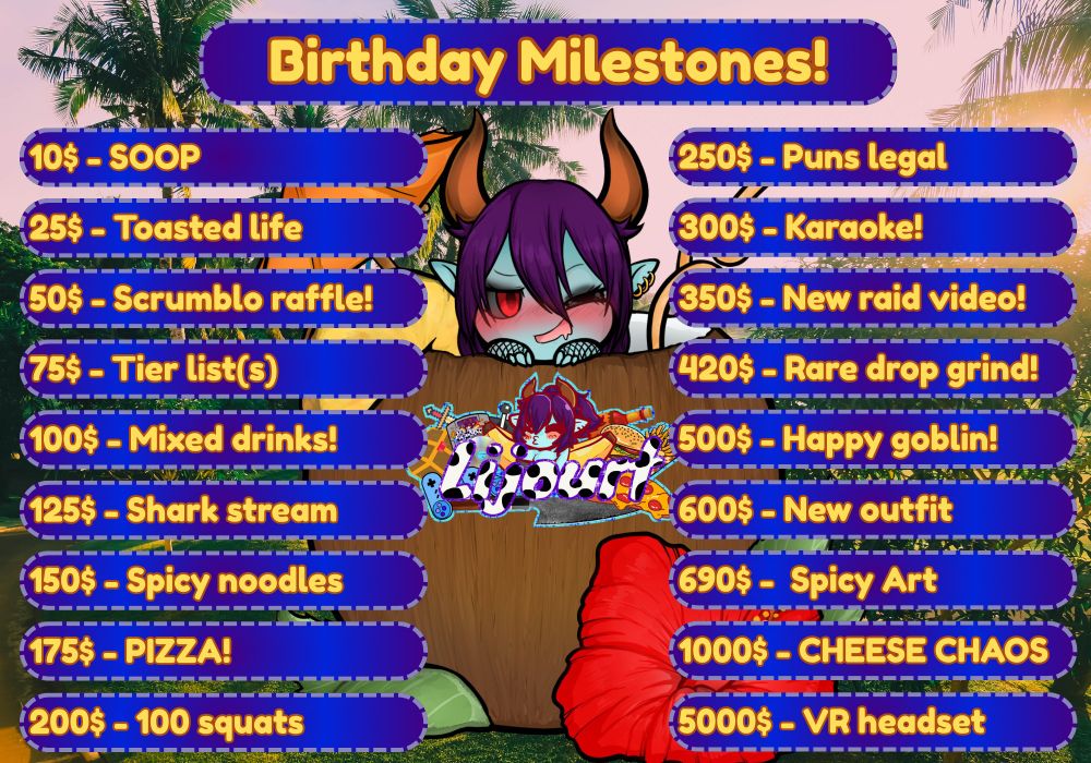 Birthday Milestones!
10$ - SOUP
25$ - Toasted life
50$ - Scrumblo raffle!
75$ - Tier list(s)
100$ - Mixed drinks!
125$ - shark stream
150$ - Spicy noodles
175$ - PIZZA!
200$ - 100 squats
250$ - Puns legal
300$ - Karaoke!
350$ - New raid video!
420$ - Rare drop grind!
500$ - Happy goblin!
600$ - New outfit
690$ - Spicy Art
1000$ - CHEESE CHAOS
5000$ - VR headset