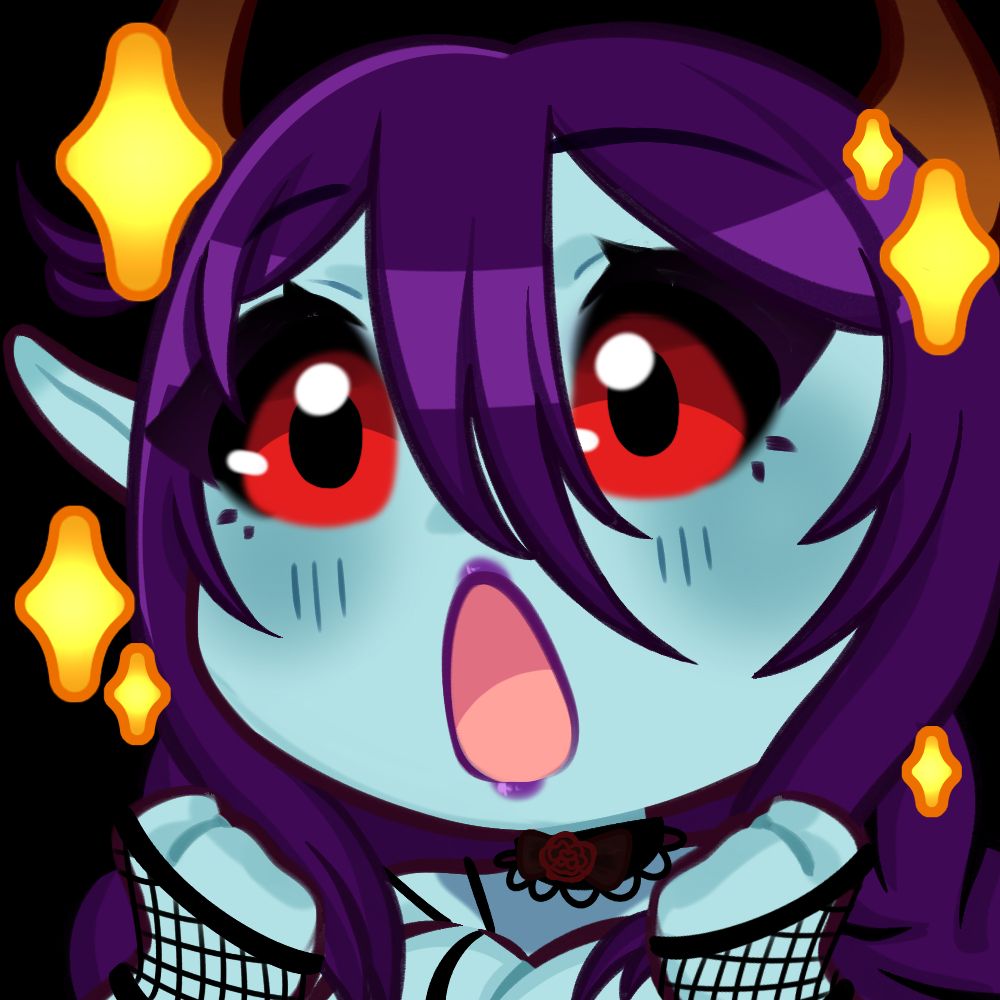 Blue goblin pogs with excitement. shiny sparkles all over the purple hair