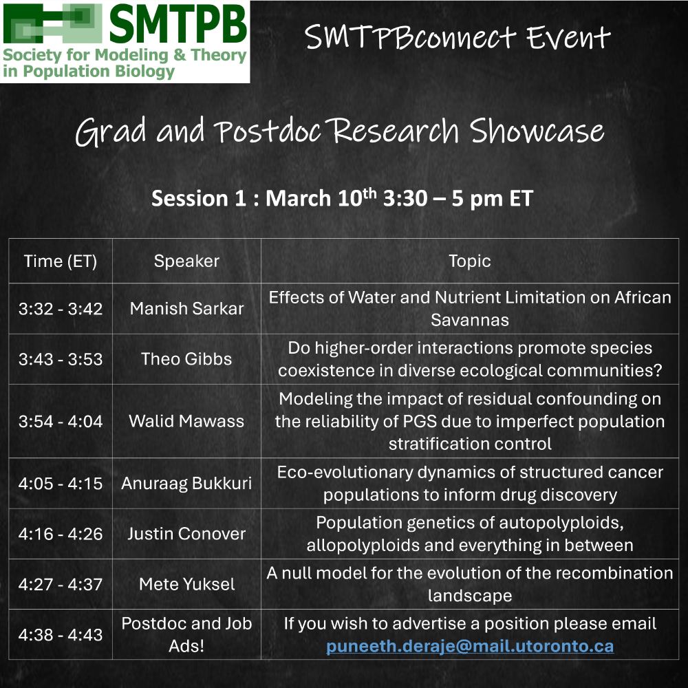 Meeting schedule for online grad student research showcase event in white text on a black background resembling a chalkboard. The listed speakers are Manish Sarkar, Theo Gibbs, Walid Mawass, Anuraag Bukkuri, Justin Conover, Mete Yuksel.
