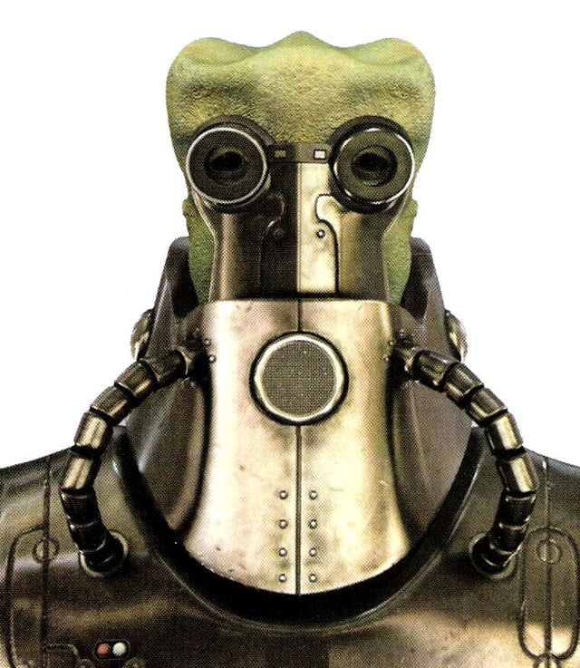 A close up head image of the Star Wars character Wat Tambor. A green skinned Allen mostly covered in a metal face mask, chest piece, and a long robe.