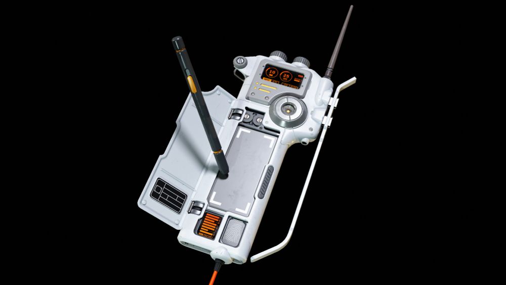3D model of a scifi handheld device with a stylus and a touchbad covered by a plastic cover. At the top and bottom are small screens showing orange status readouts.