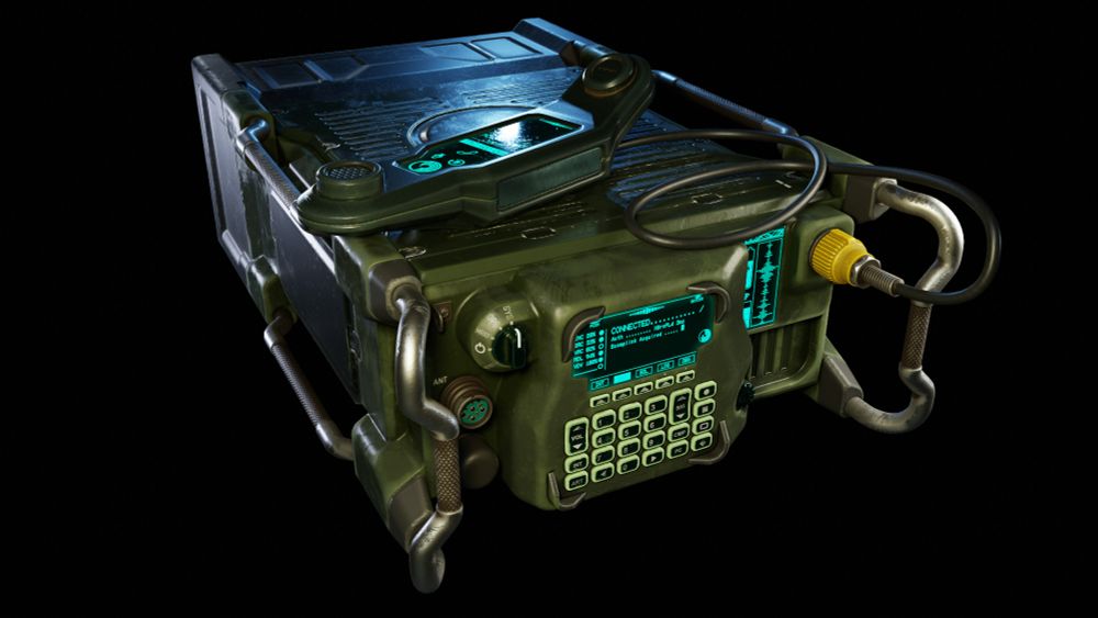 3D model of a scifi fictional military radio, mostly green with a handset laying on top, and a yellow plug in the top right corner.