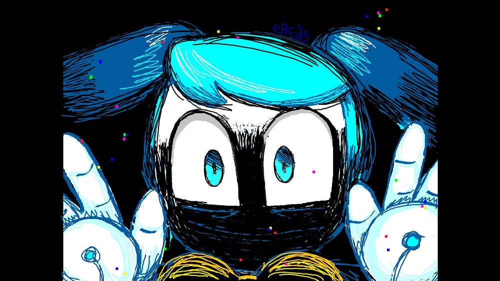A fanmade drawing of Jenny XJ9 from My Life as a Teenage Robot, drawn with MS Paint and made to resemble a shot from the animated music video for Flavor Foley's song "Static." The drawing shows Jenny with her face close up to the screen, the majority of her face is obscured in shadow, with her eyes wide open and staring directly at the viewer. Her hands are pressed up against the screen. The background is solid black with a few colored pixels scattered throughout the piece to imitate the screen being corrupted or glitched.